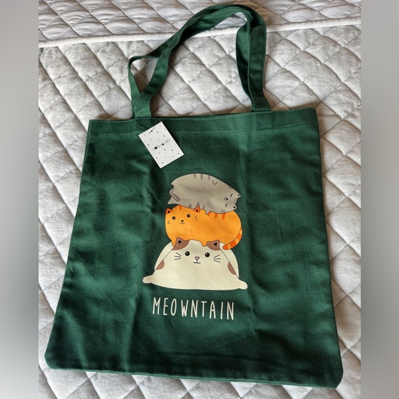 Meowntain Cat Tote Bag - Green Canvas - Picture 1 of 2